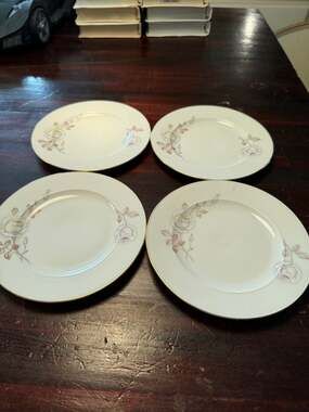 Set of 4 Fine China Bread/ Butter Plates -6.5" Yellow/Pink Rose Floral-Gold Trim
